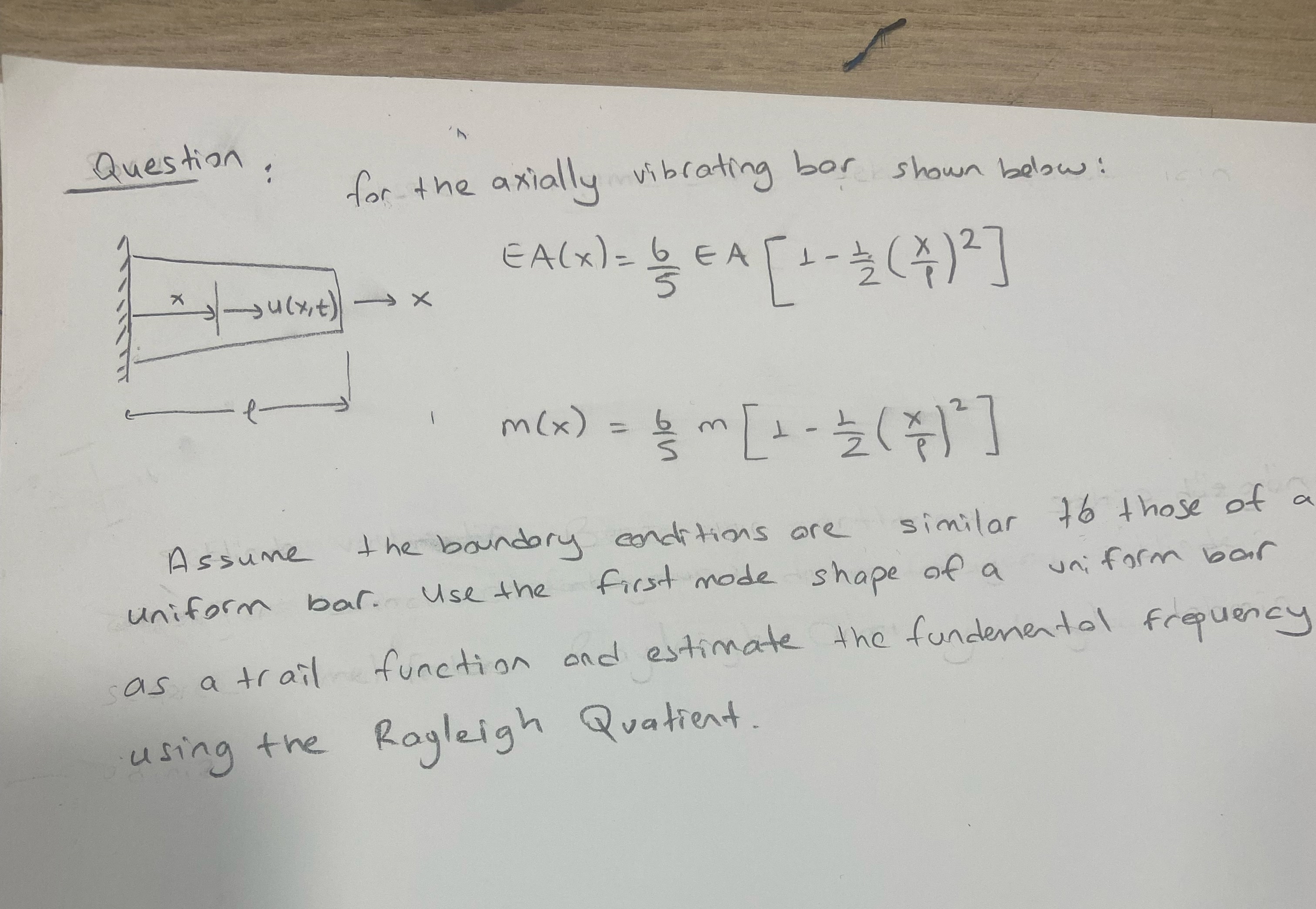 Question: for the axially vibrating bar shown