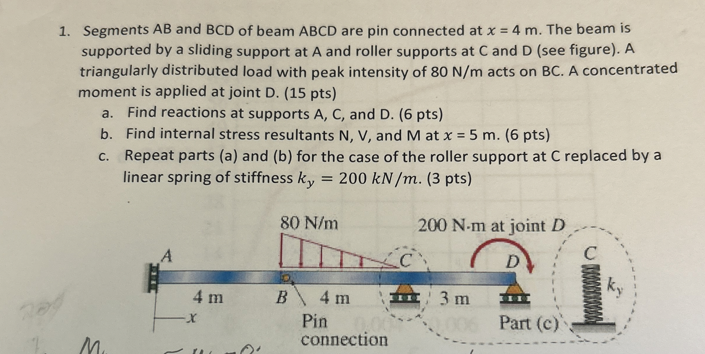 Segments A B and B C D of beam ABCD are pin