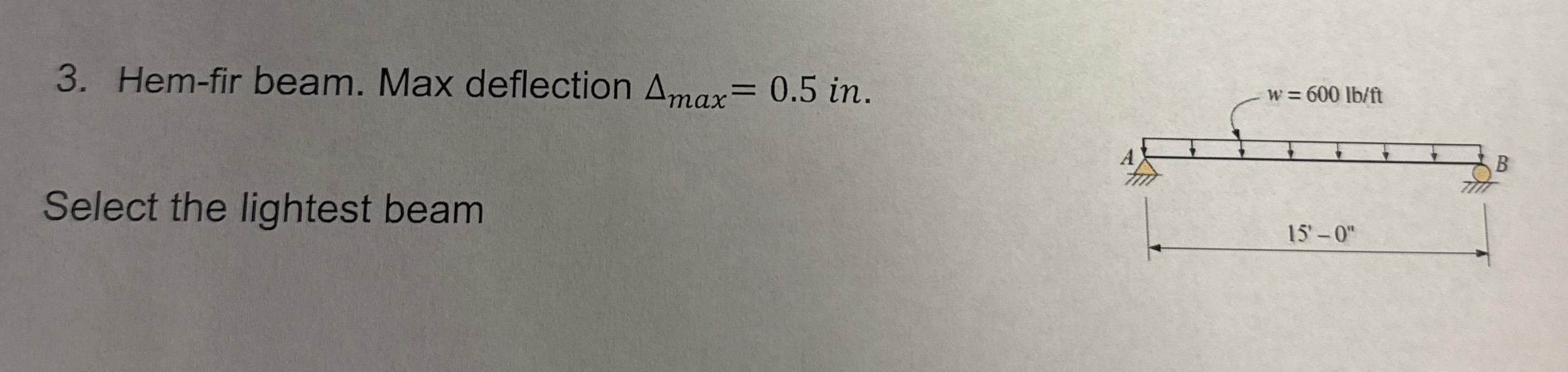 Hem - fir beam. Max deflection m a x = 0 . 5 i n