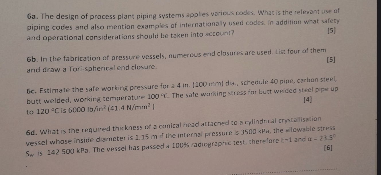 6 a . The design of process plant piping systems
