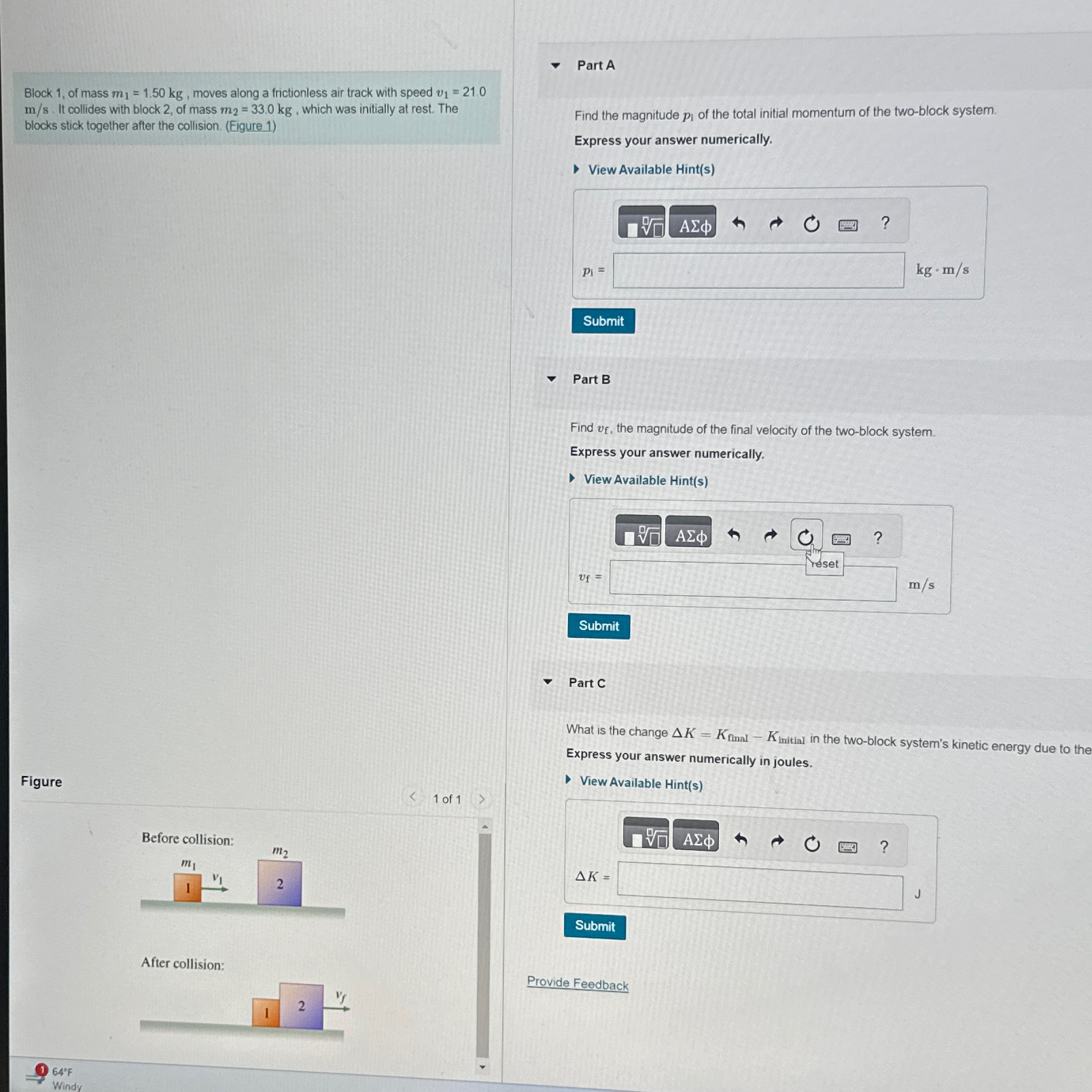 Block 1 , of mass m 1 = 1 . 5 0 k g , moves along