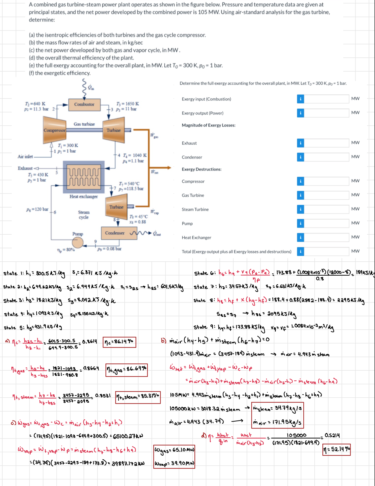 Please calculate the exergy values.