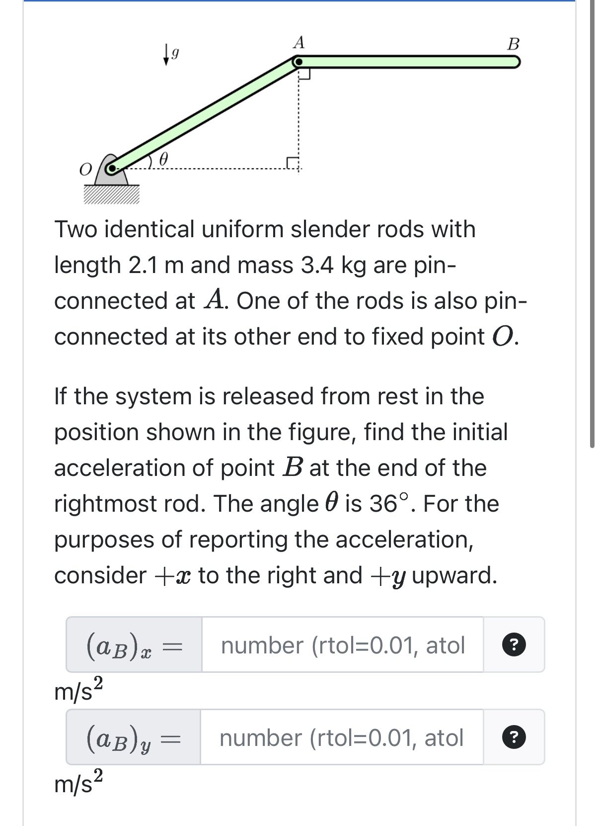Two identical uniform slender rods with length 2