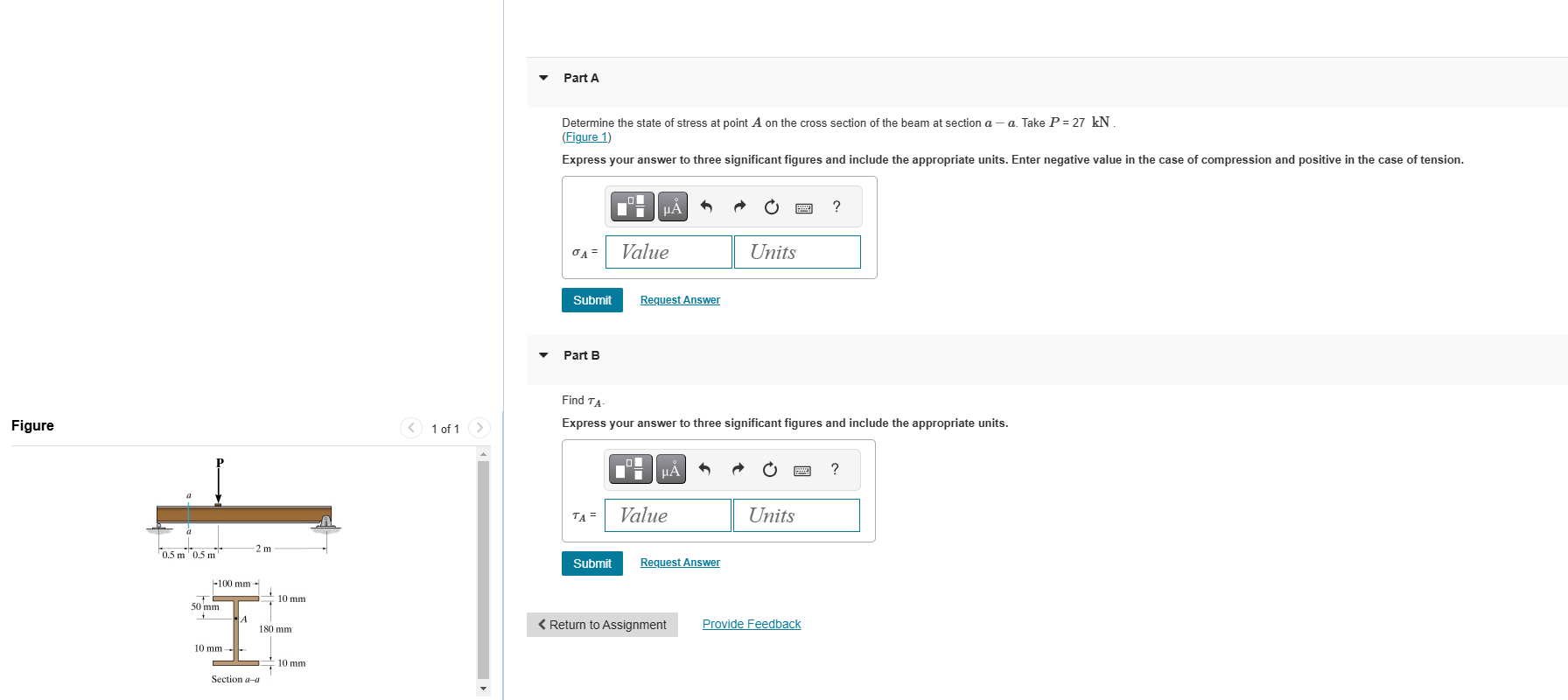 Part A Determine the state of stress at point \ (