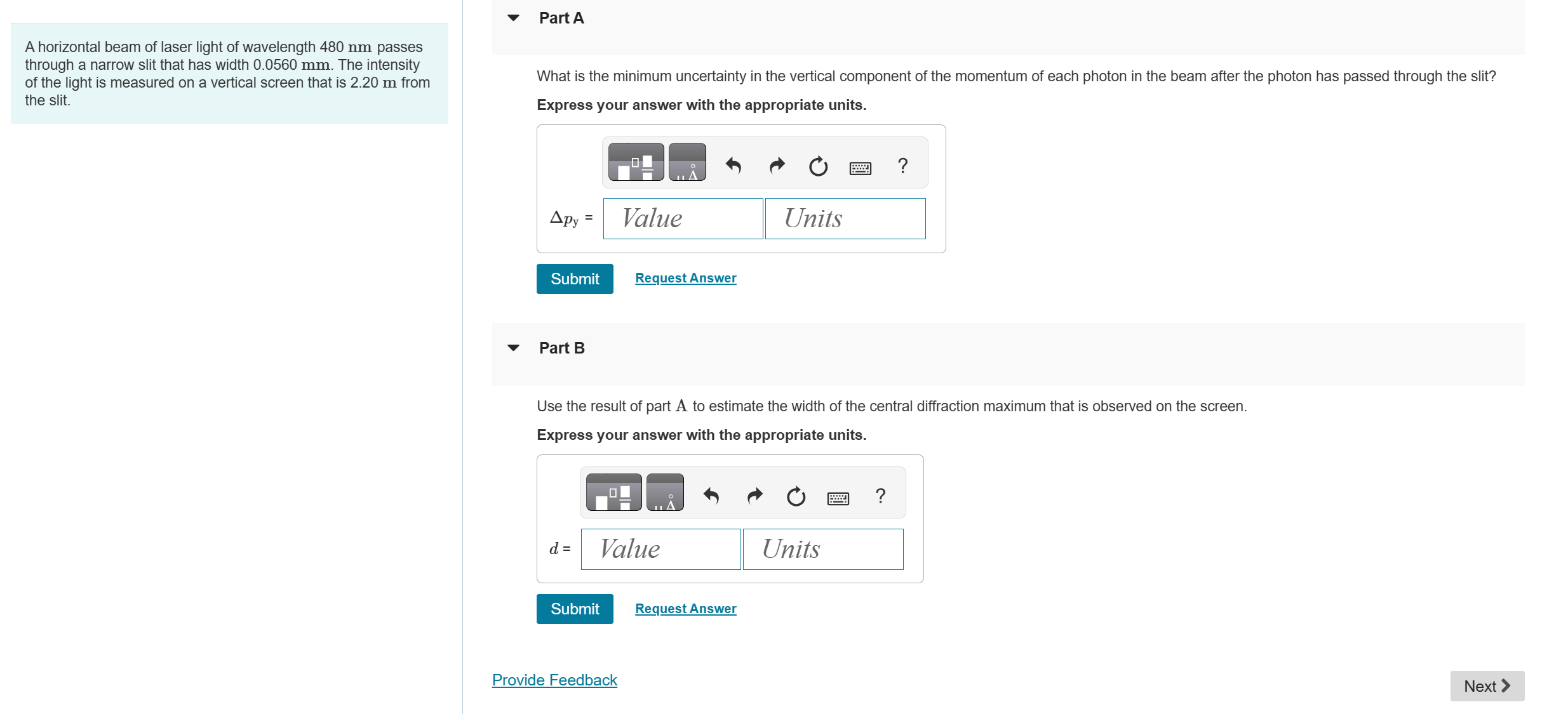 A horizontal beam of laser light of wavelength 4