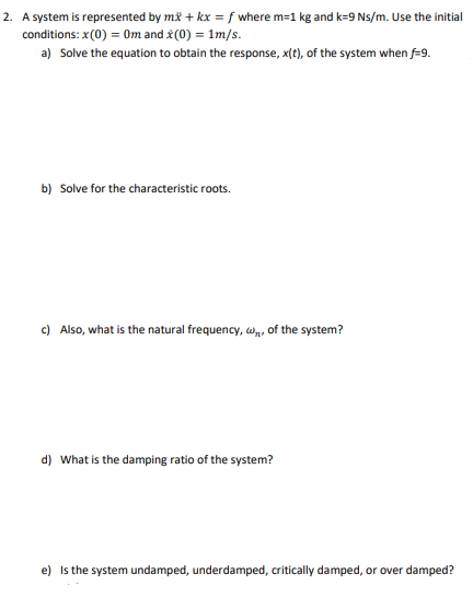 A system is represented by m x + k x = f where m
