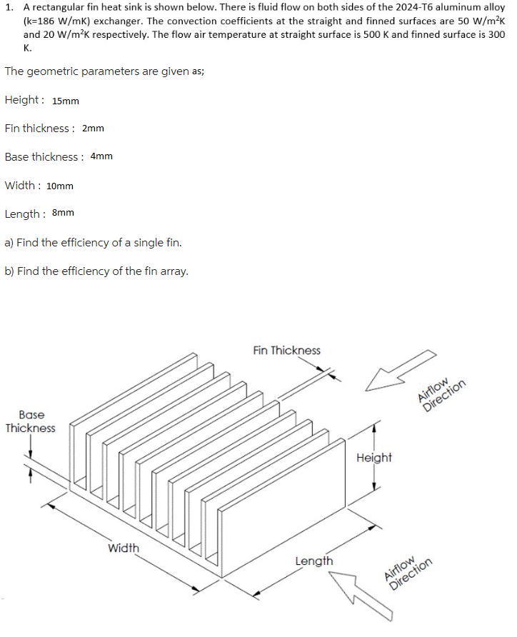 A rectangular fin heat sink is shown below. There