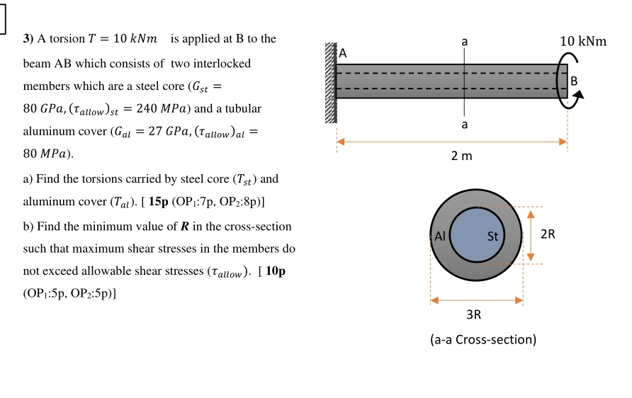 A torsion T = 1 0 k N m is applied at B to the