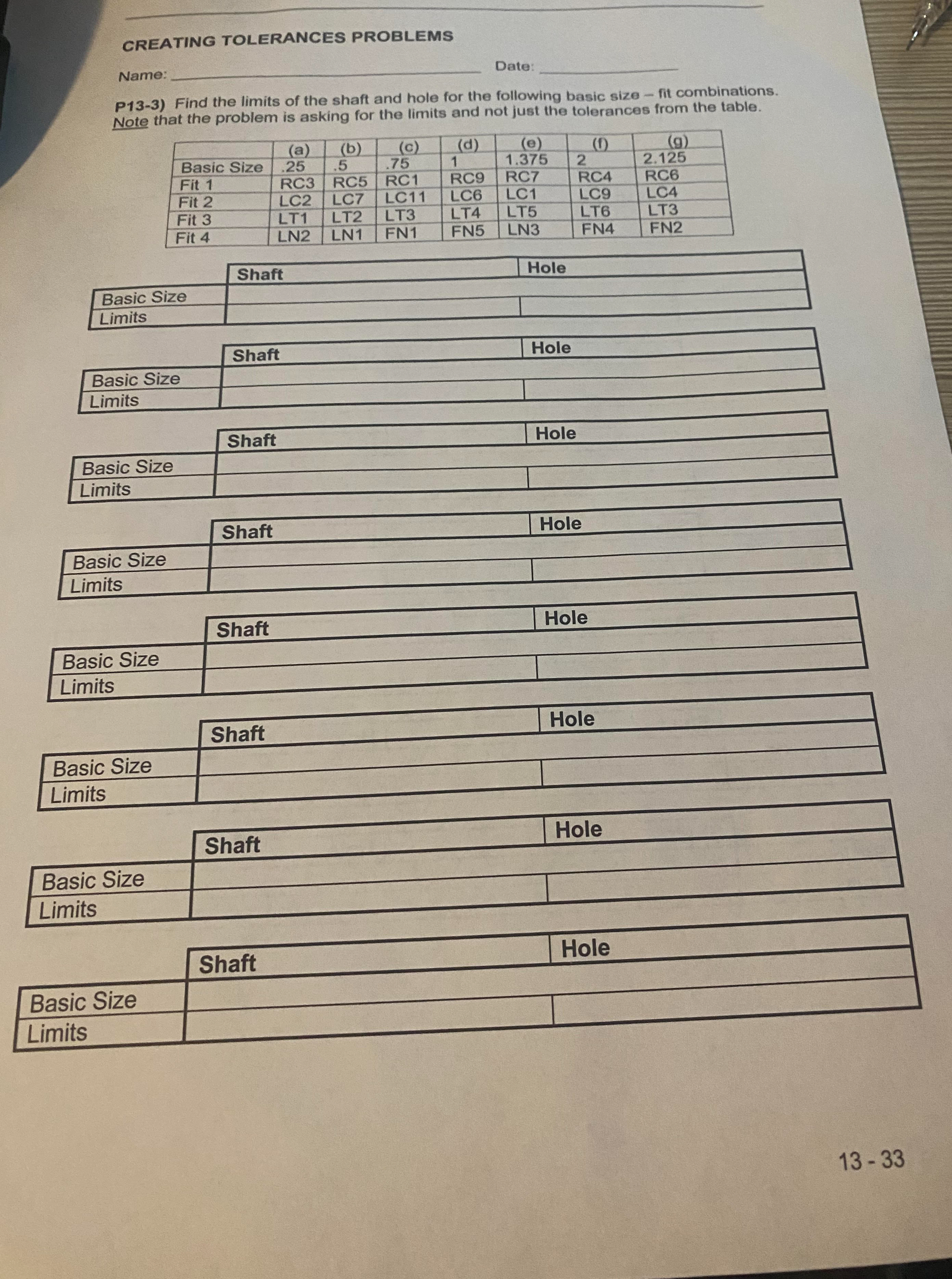 fill out A the table A through G