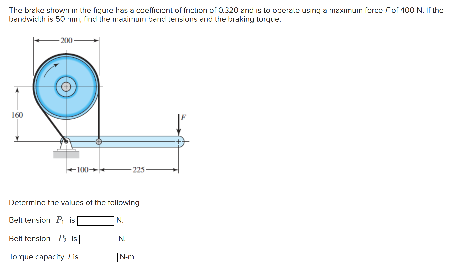 The brake shown in the figure has a coefficient