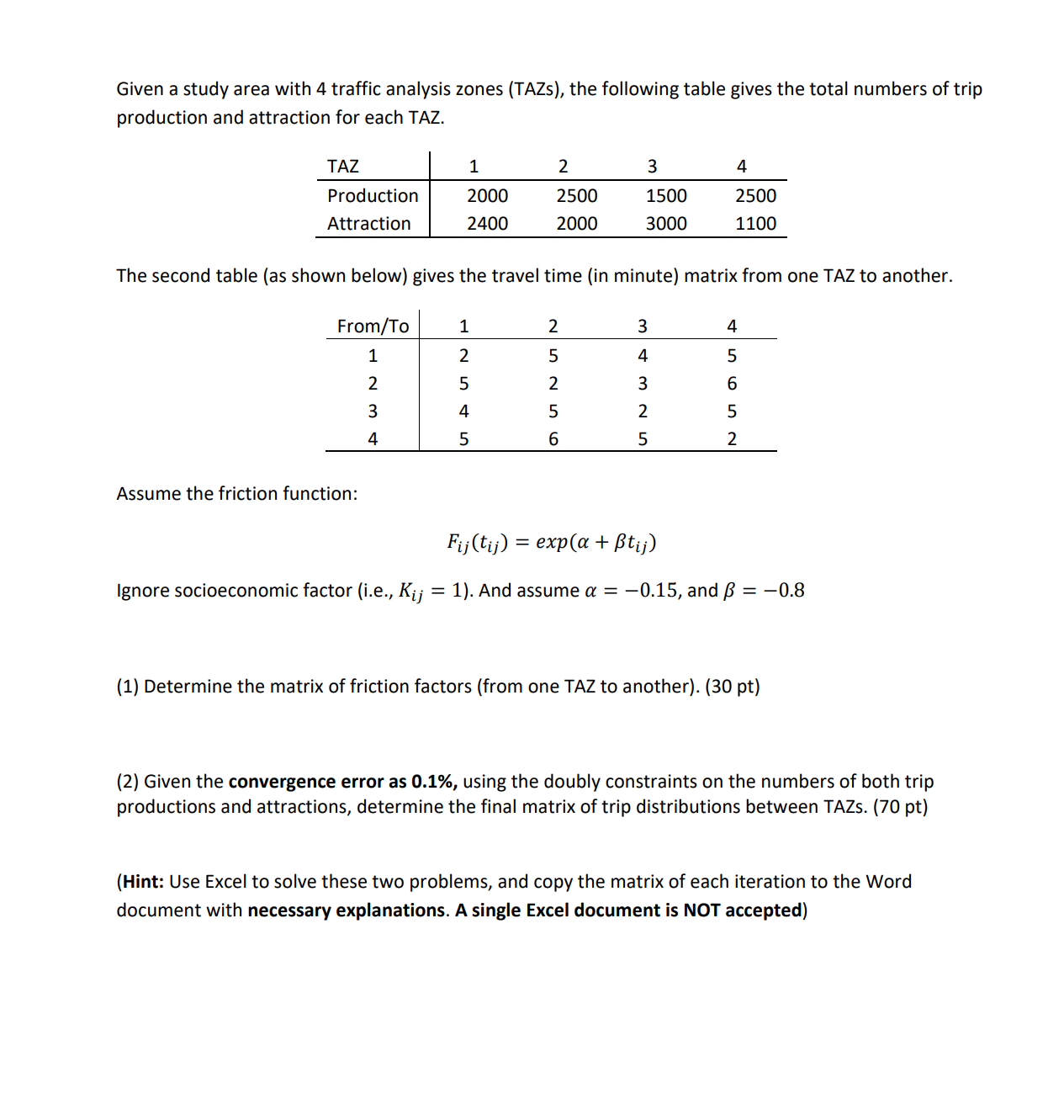 Given a study area with 4 traffic analysis zones