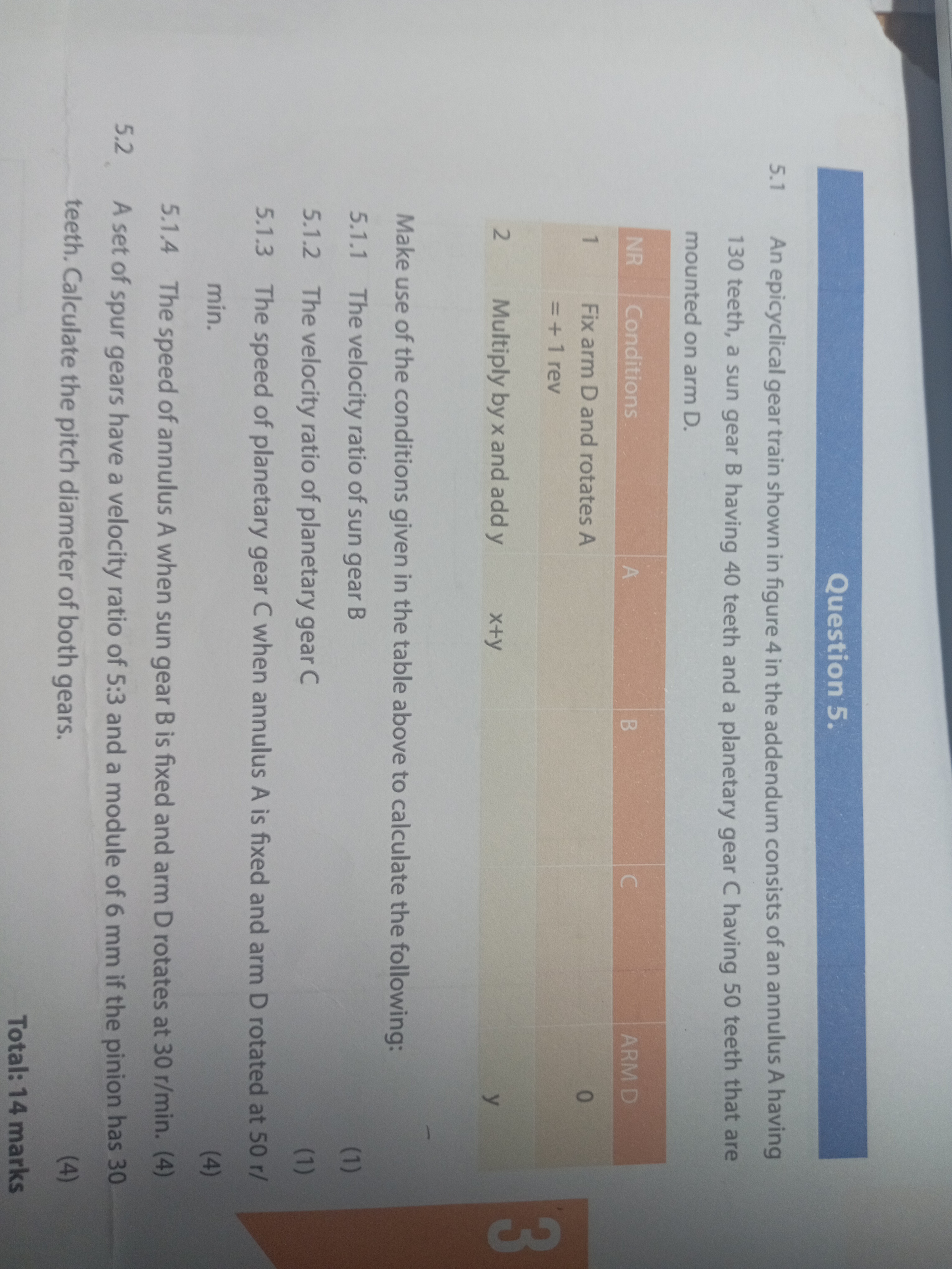 Question 5 . 5 . 1 An epicyclical gear train