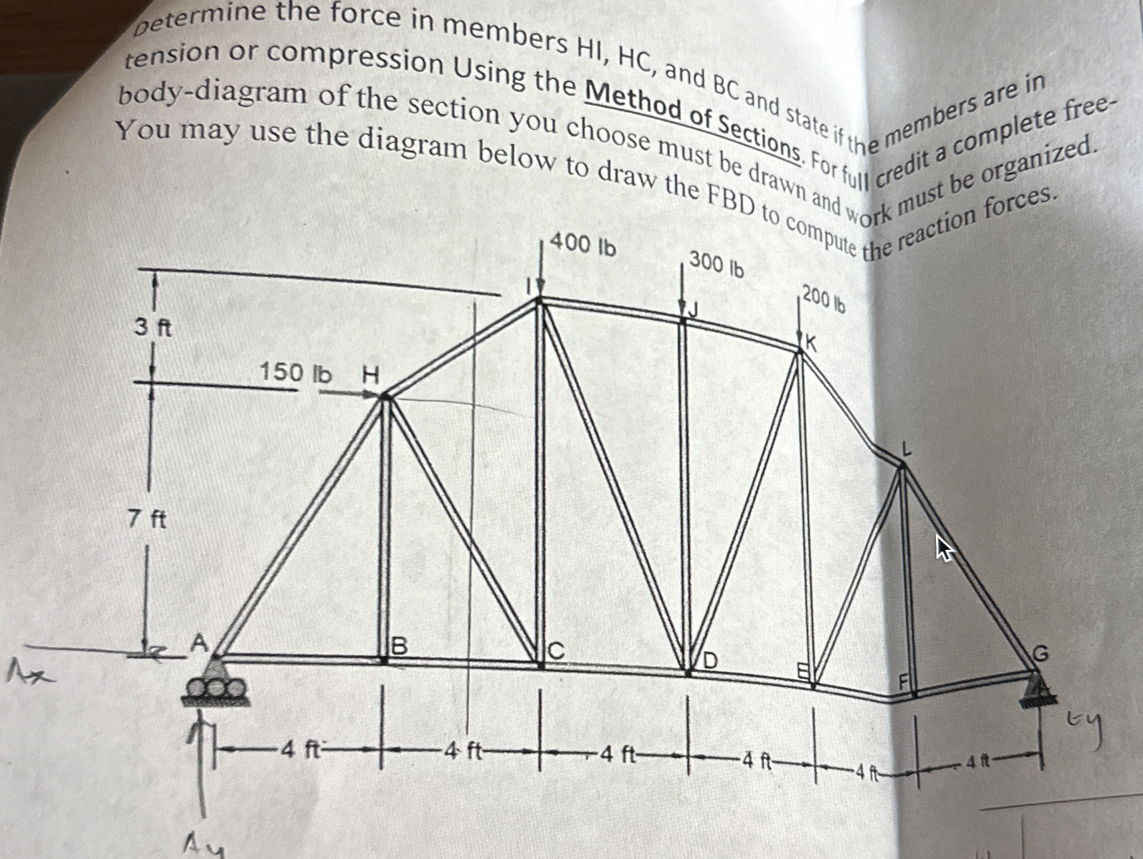 Determine the force in members H I , H C , and B