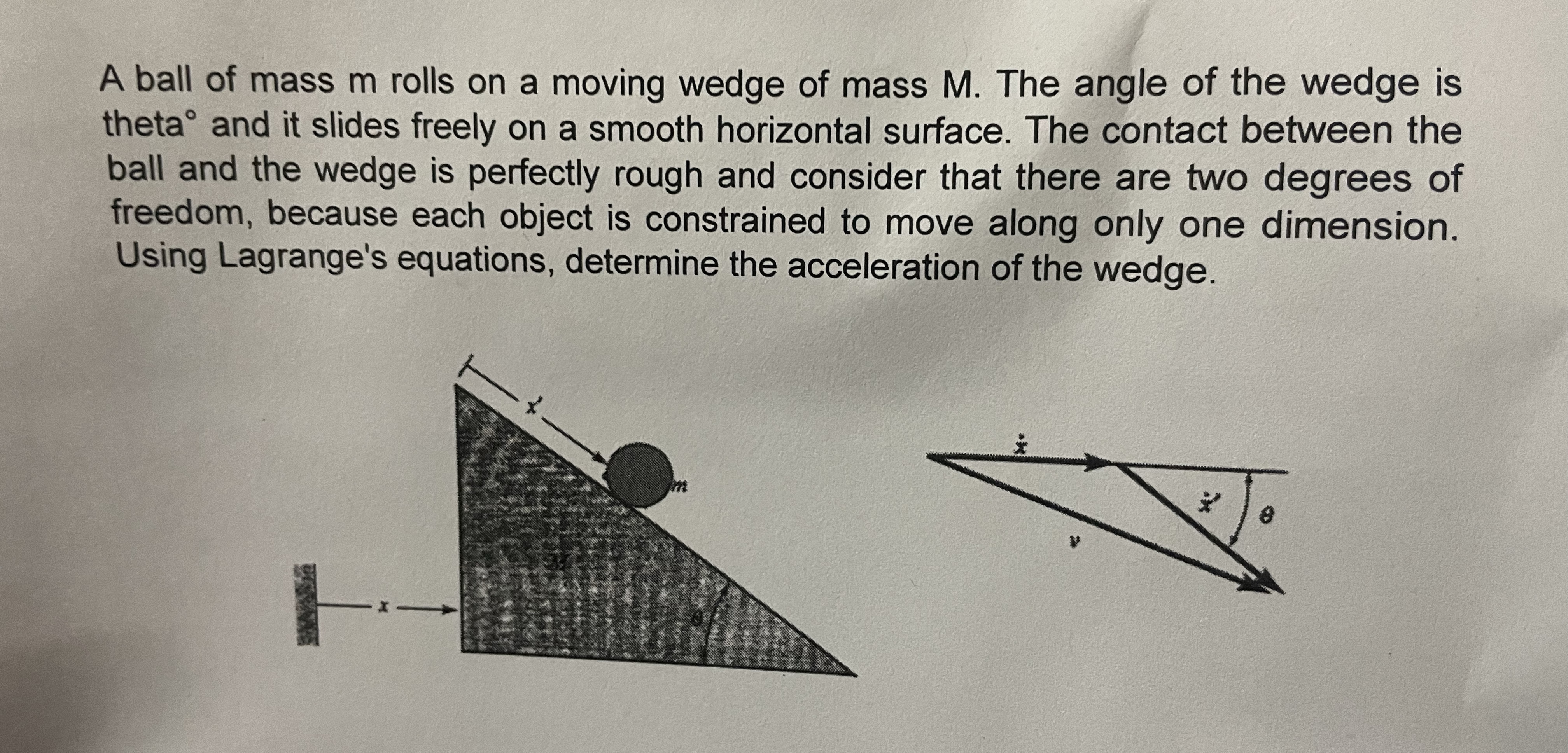 A ball of mass m rolls on a moving wedge of mass