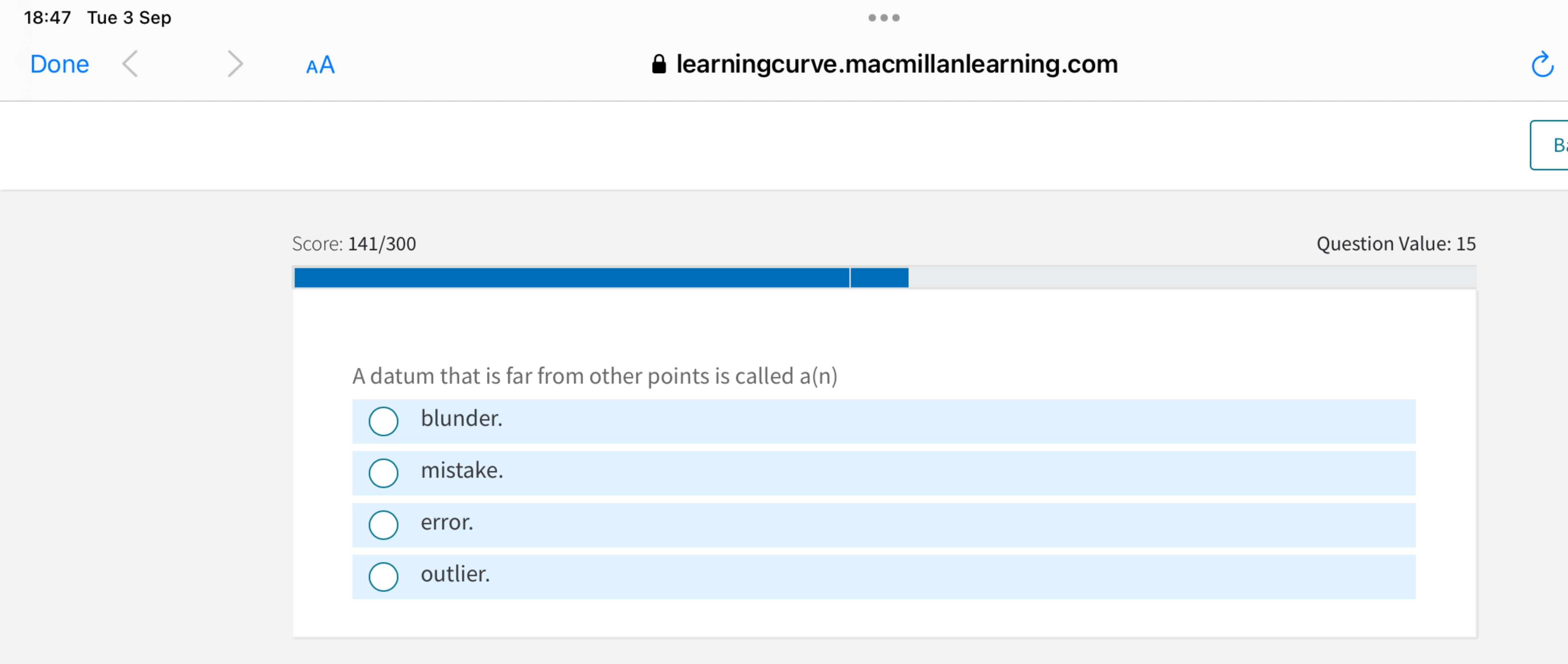 Score: 1 4 1 3 0 0 A datum that is far from other