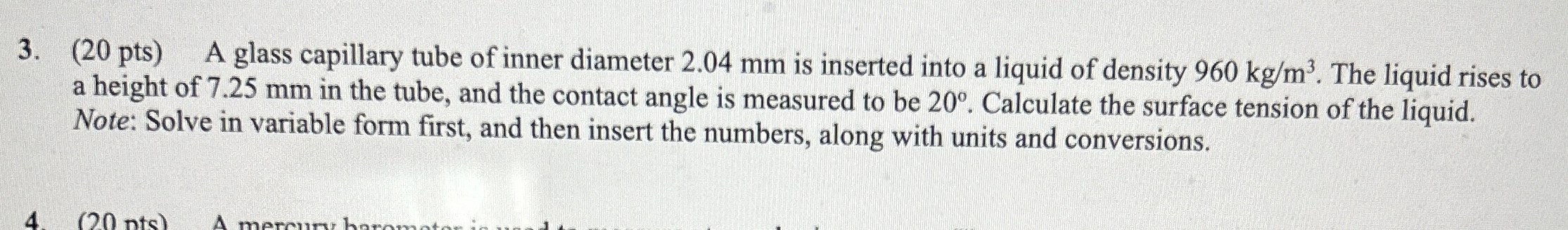 ( 2 0 pts ) A glass capillary tube of inner