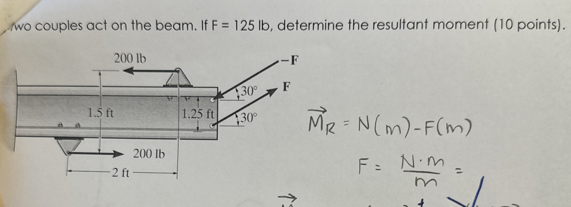 Wo couples act on the beam. If F = 1 2 5 l b ,