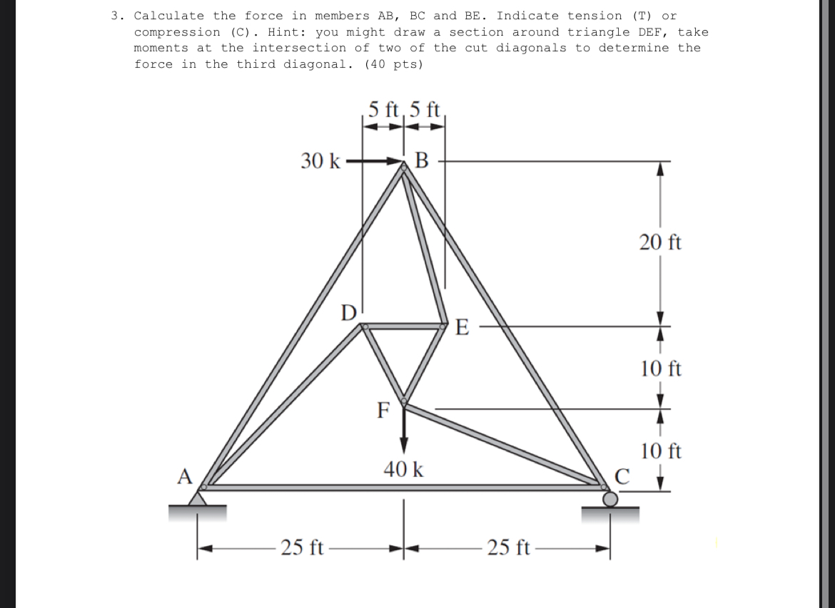 Calculate the force in members A B , B C and B E