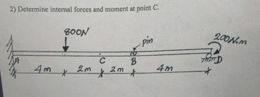 Determine intemal forces and moment at point C .