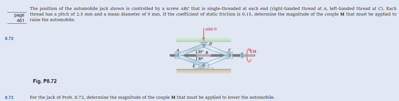 8 . 7 3 For the jack of Prob. 8 . 7 2 , determine