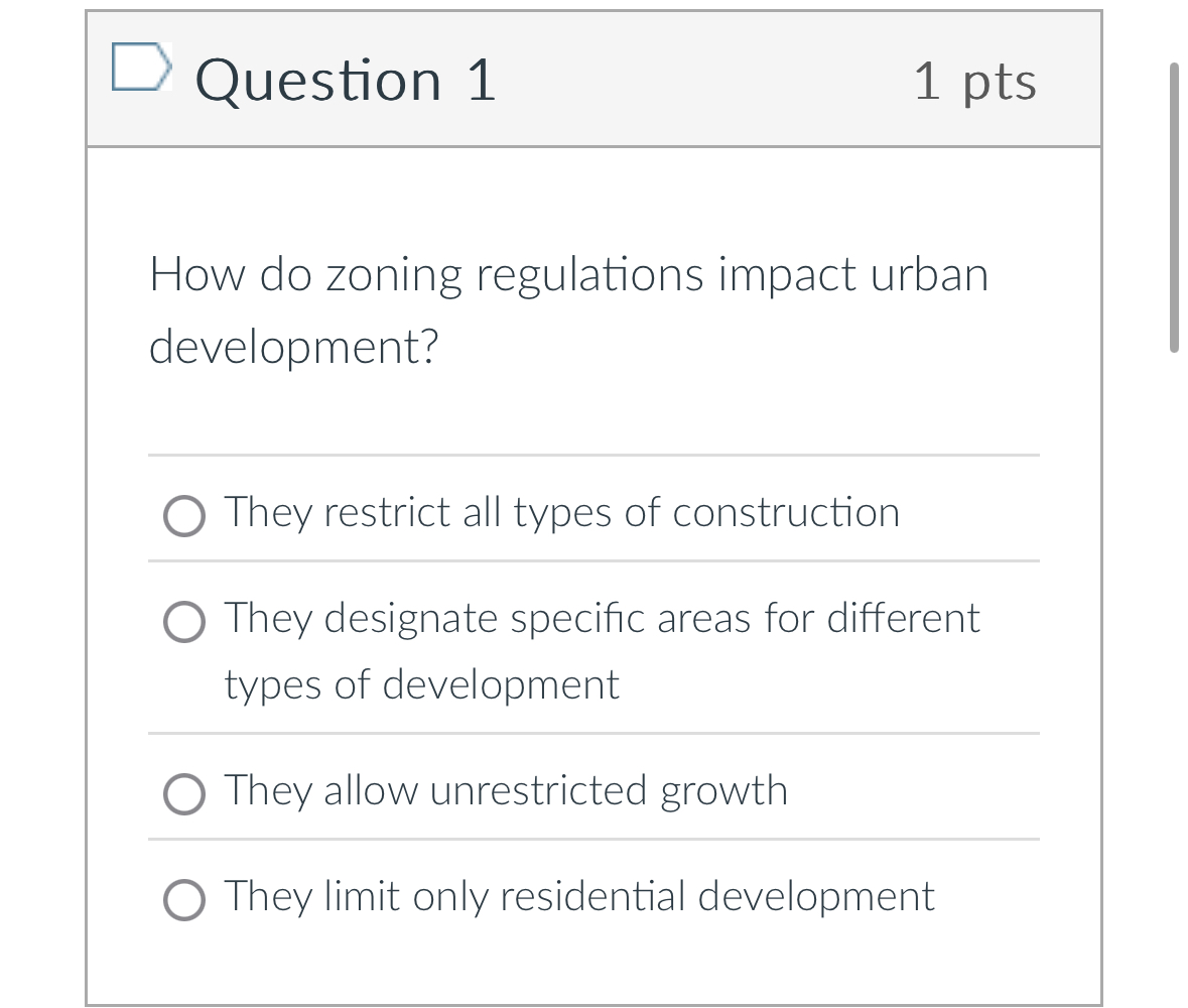 Question 1 1 pts How do zoning regulations impact