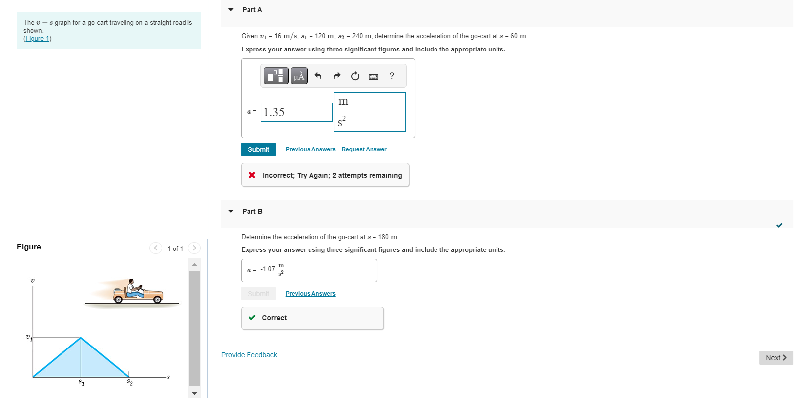 The v - s graph for a go - cart traveling on a
