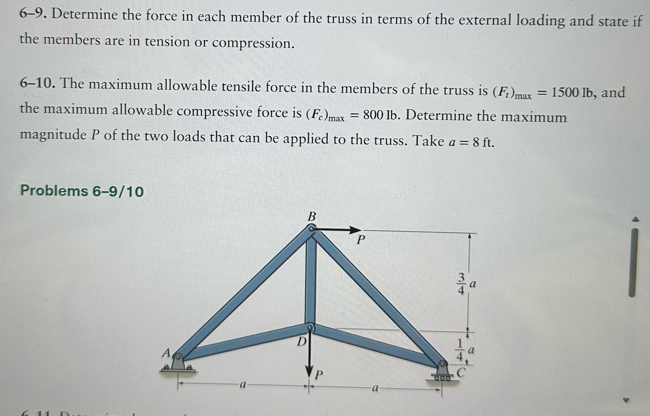 6 - 9 . Determine the force in each member of the
