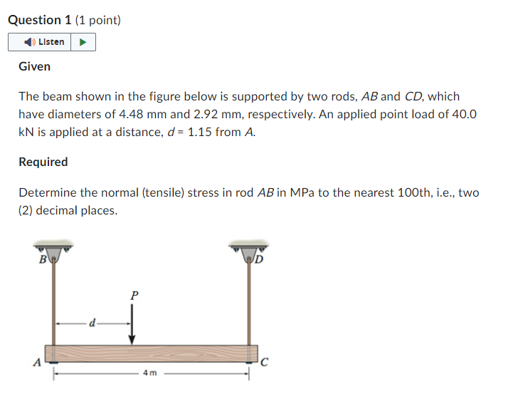 Question 1 ( 1 point ) Given The beam shown in