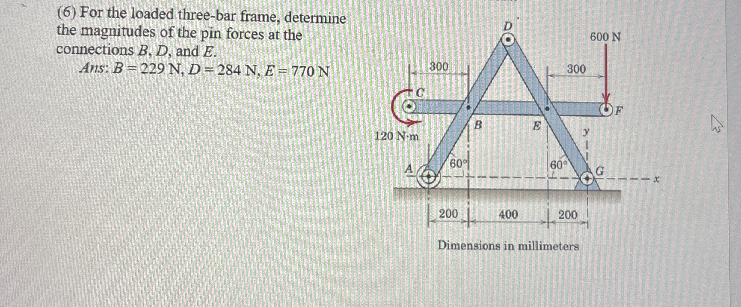( 6 ) For the loaded three - bar frame, determine