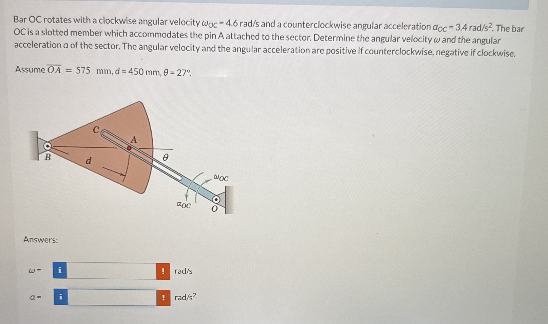 Bar OC rotates with a clockwise angular velocity