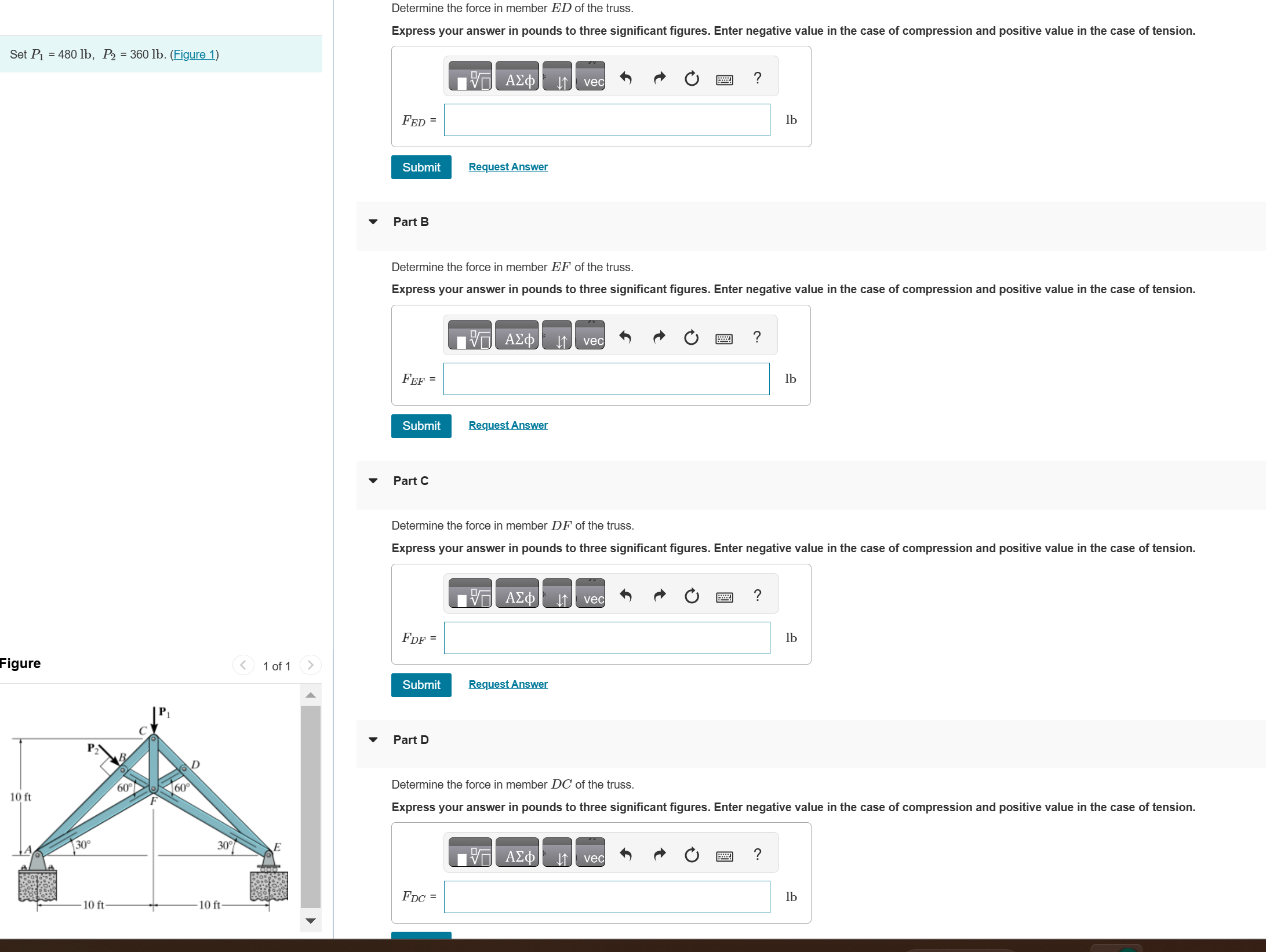Determine the force in member \ ( E D \ ) of the