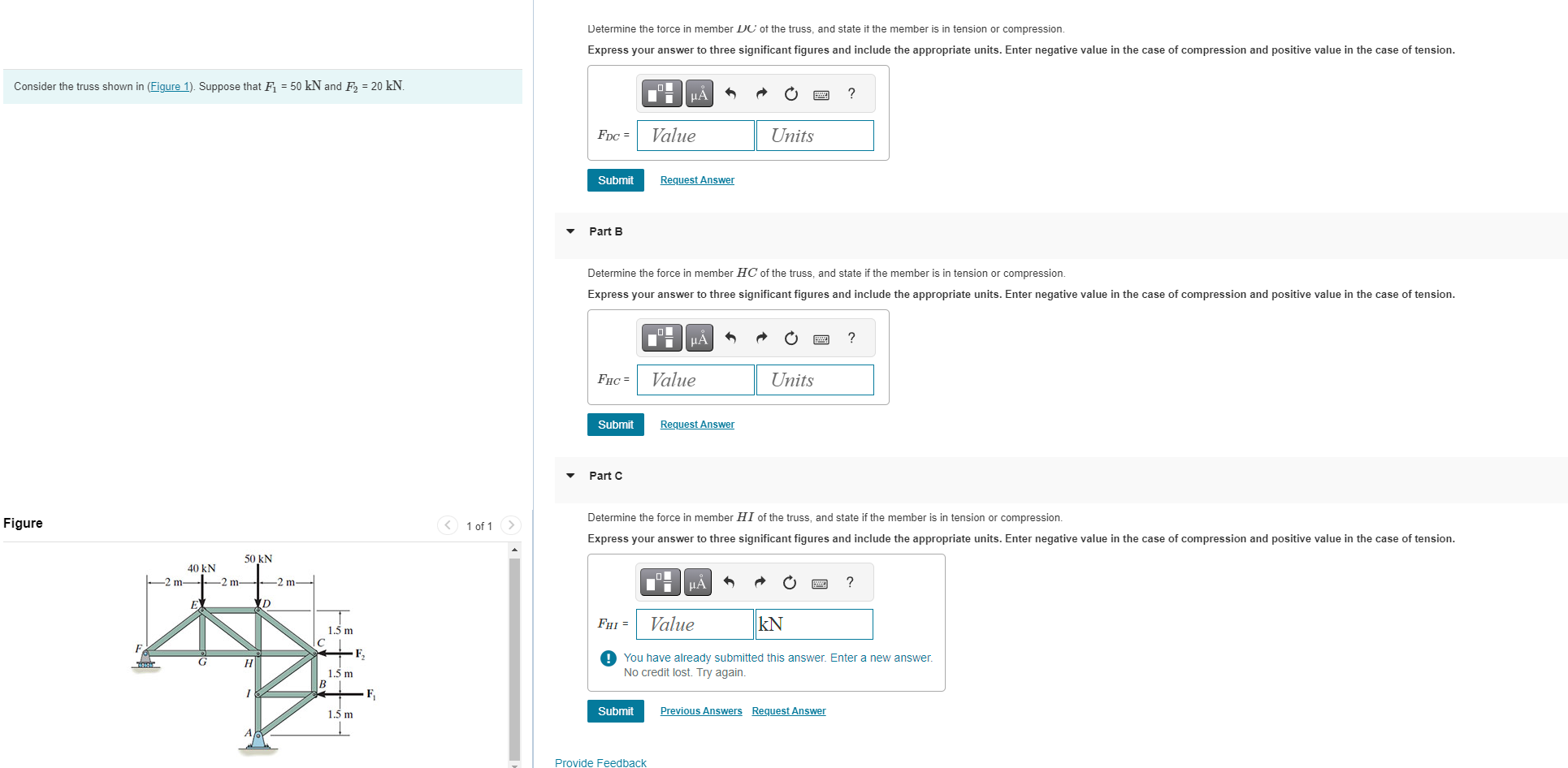 Vetermine the force in member u C ' of the truss,