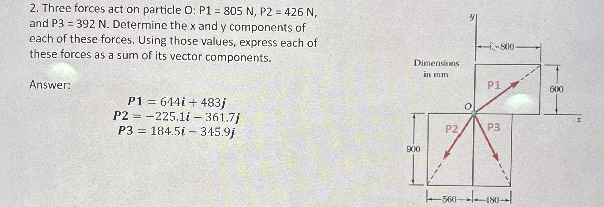 Three forces act on particle O: P 1 = 8 0 5 N , P