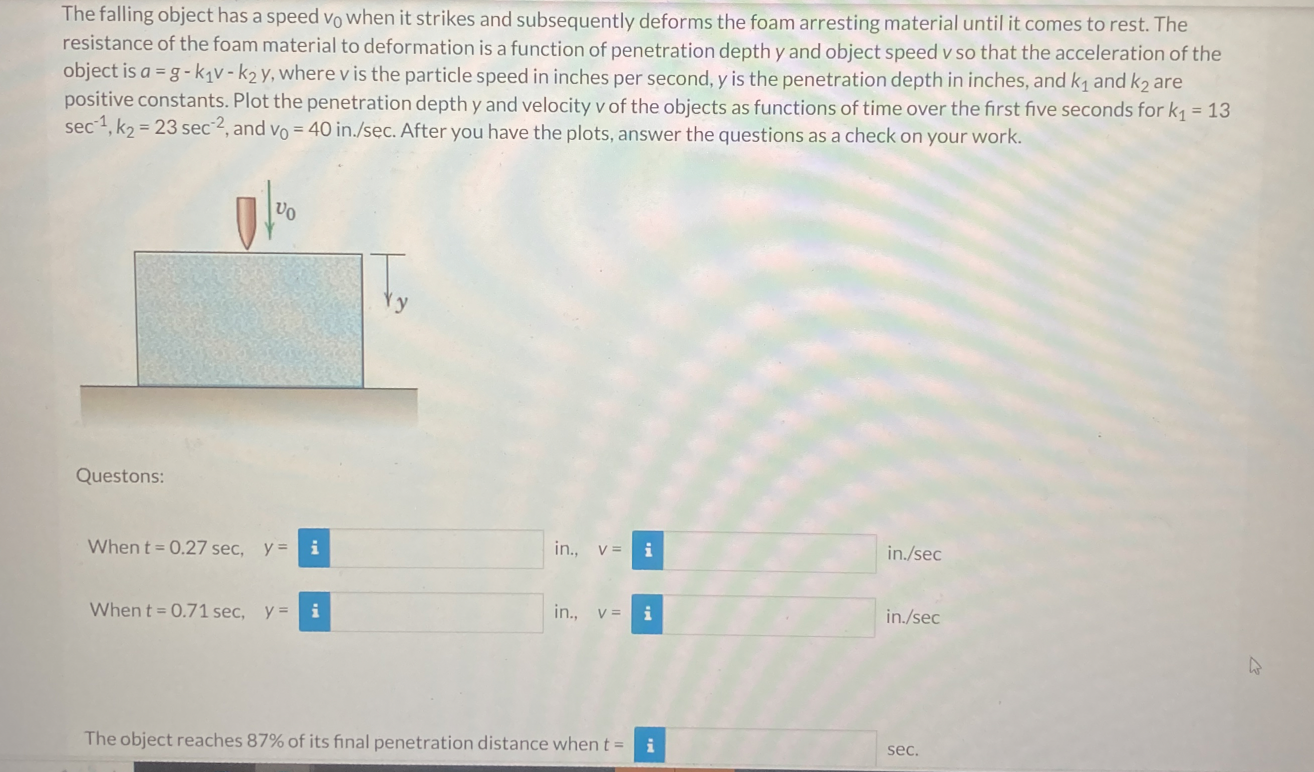 The falling object has a speed v 0 when it