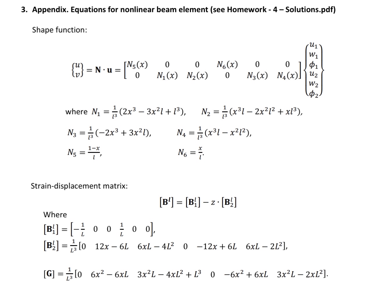 Appendix. Equations for nonlinear beam element (