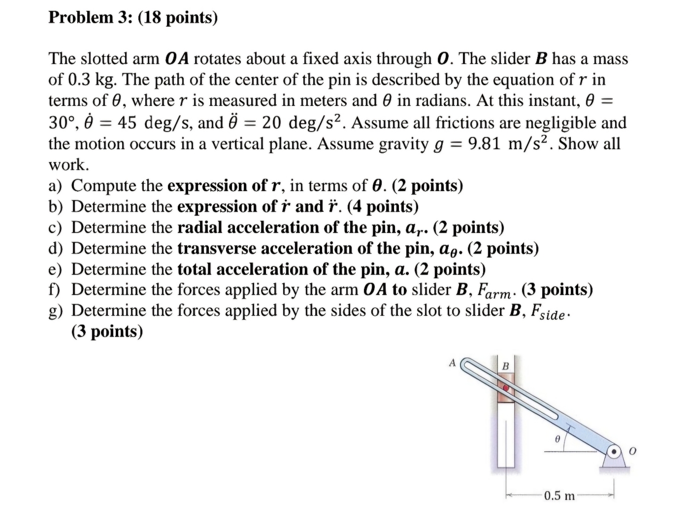 Problem 3 : ( 1 8 points ) The slotted arm O A