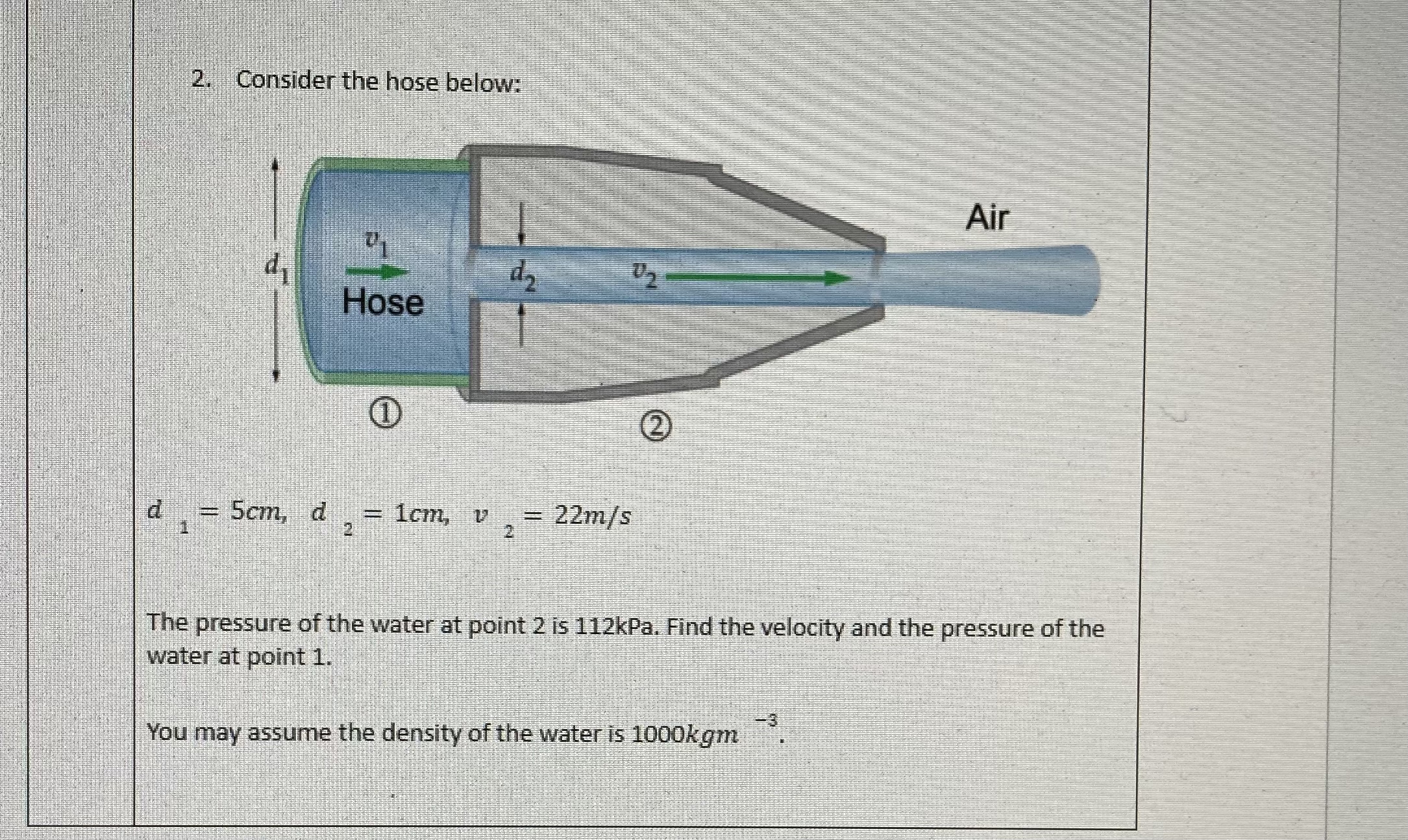 Consider the hose below: d 1 = 5 c m , d 2 = 1 c