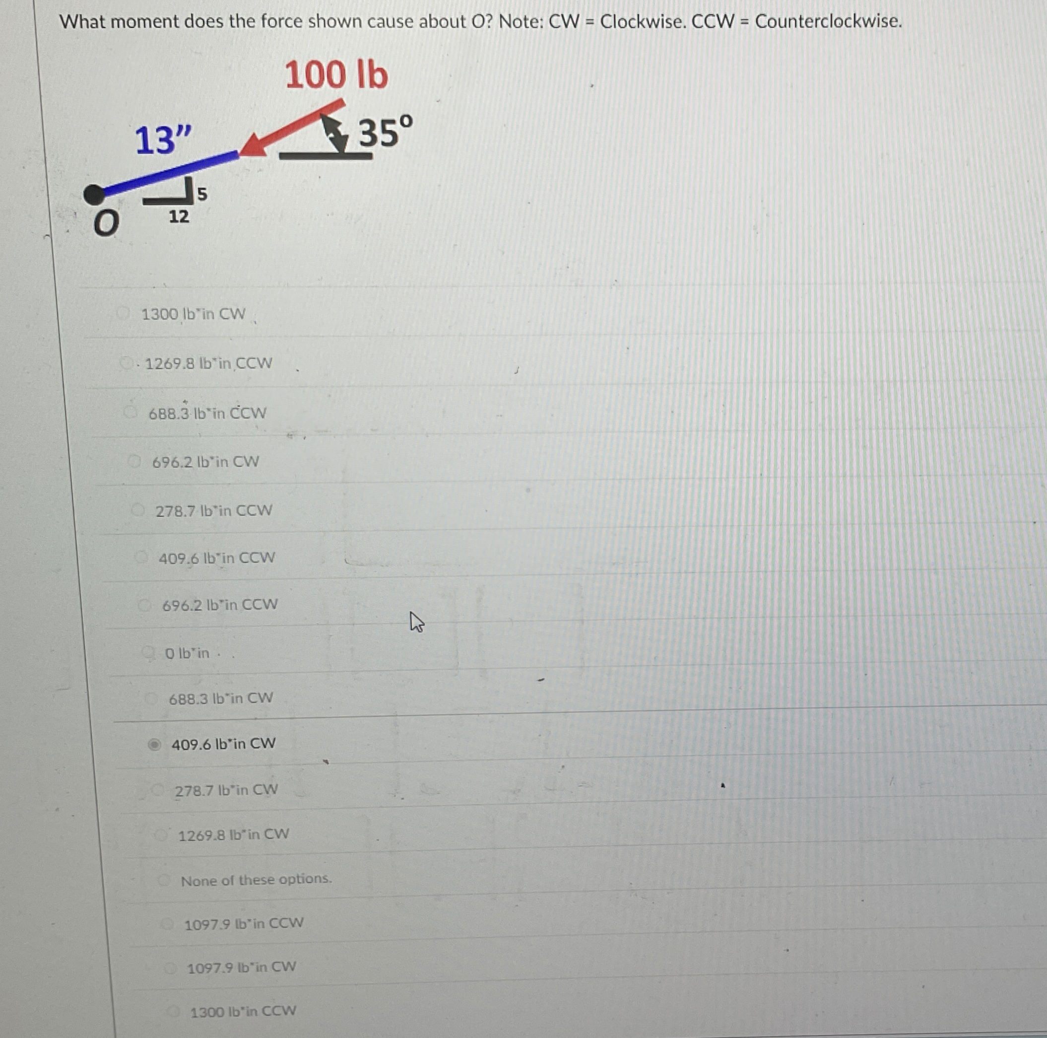 What moment does the force shown cause about O ?