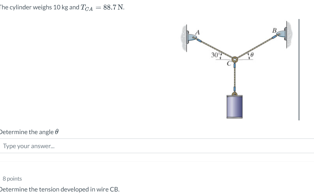 he cylinder weighs 1 0 kg and T C A = 8 8 . 7 N .