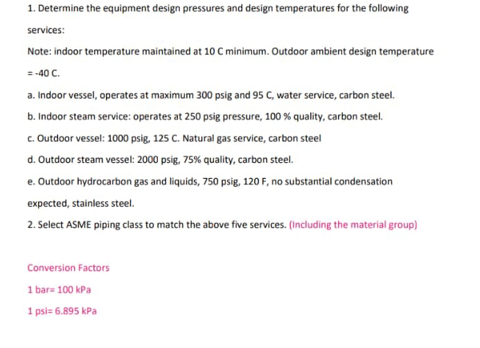 Determine the equipment design pressures and