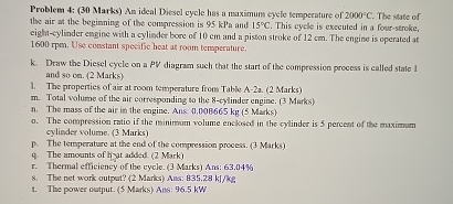 Problem 4 : ( 3 0 Marks ) An ideal Diesel cycle