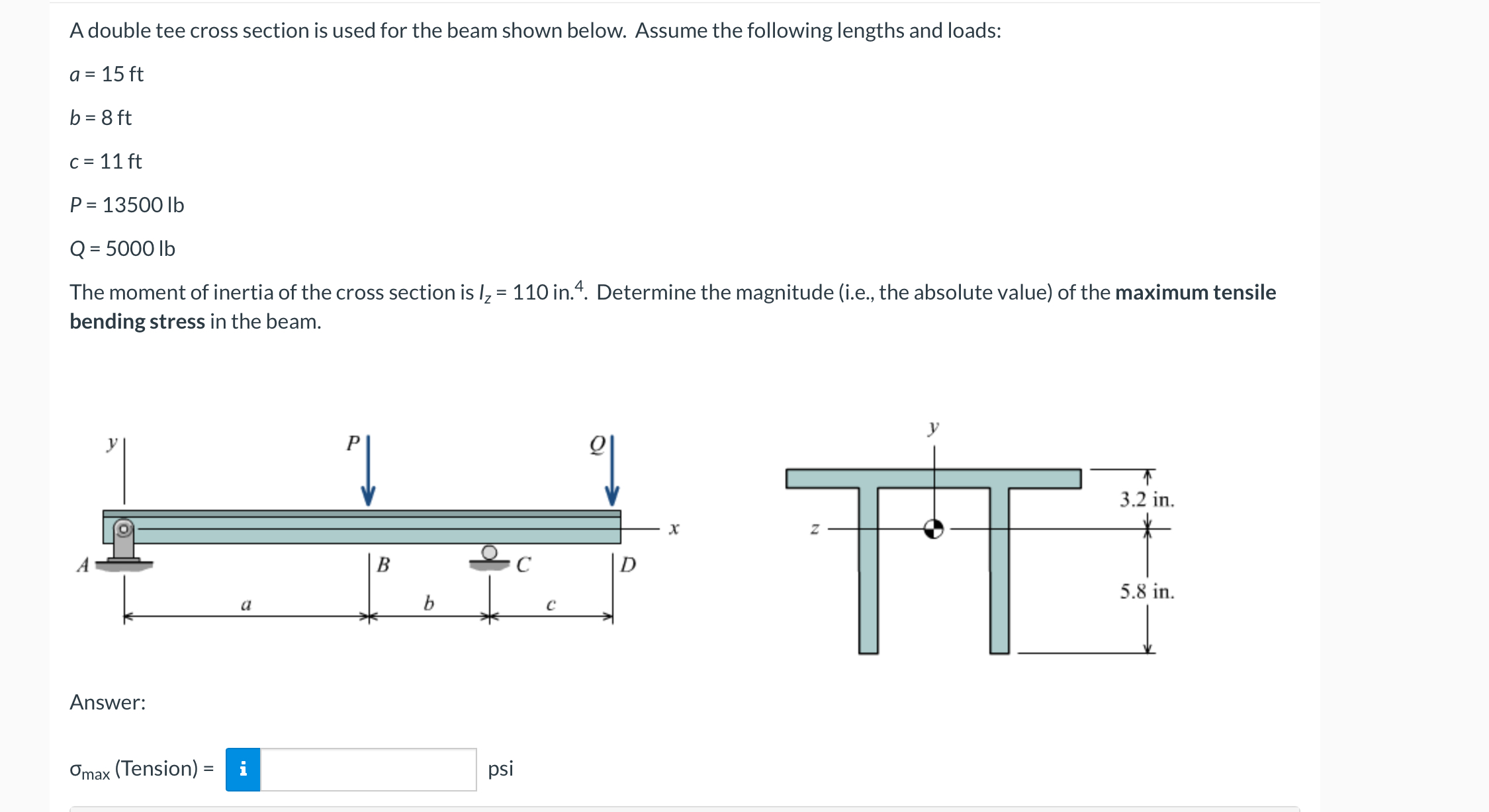 A double tee cross section is used for the beam