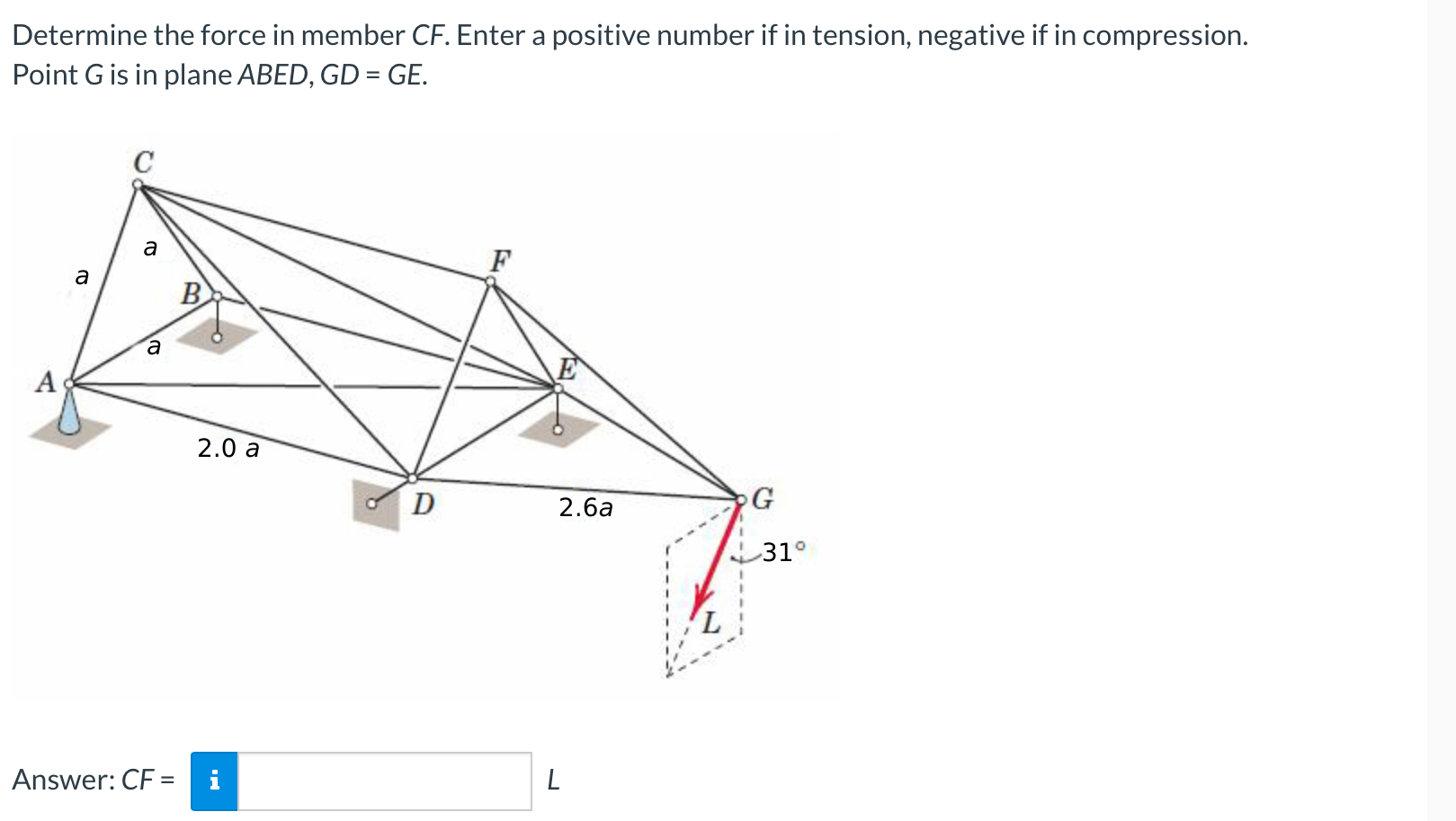 Determine the force in member CF . Enter a