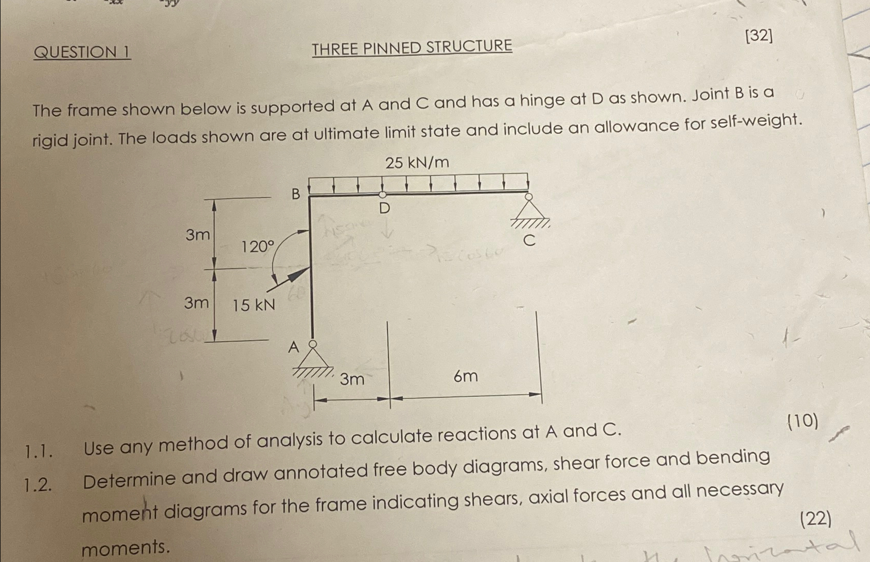 QUESTION 1 THREE PINNED STRUCTURE [ 3 2 ] The