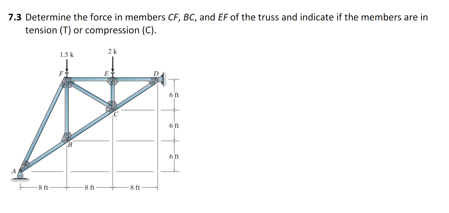 7 . 3 Determine the force in members C F , B C ,