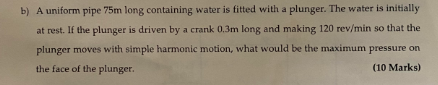b ) A uniform pipe 7 5 m long containing water is