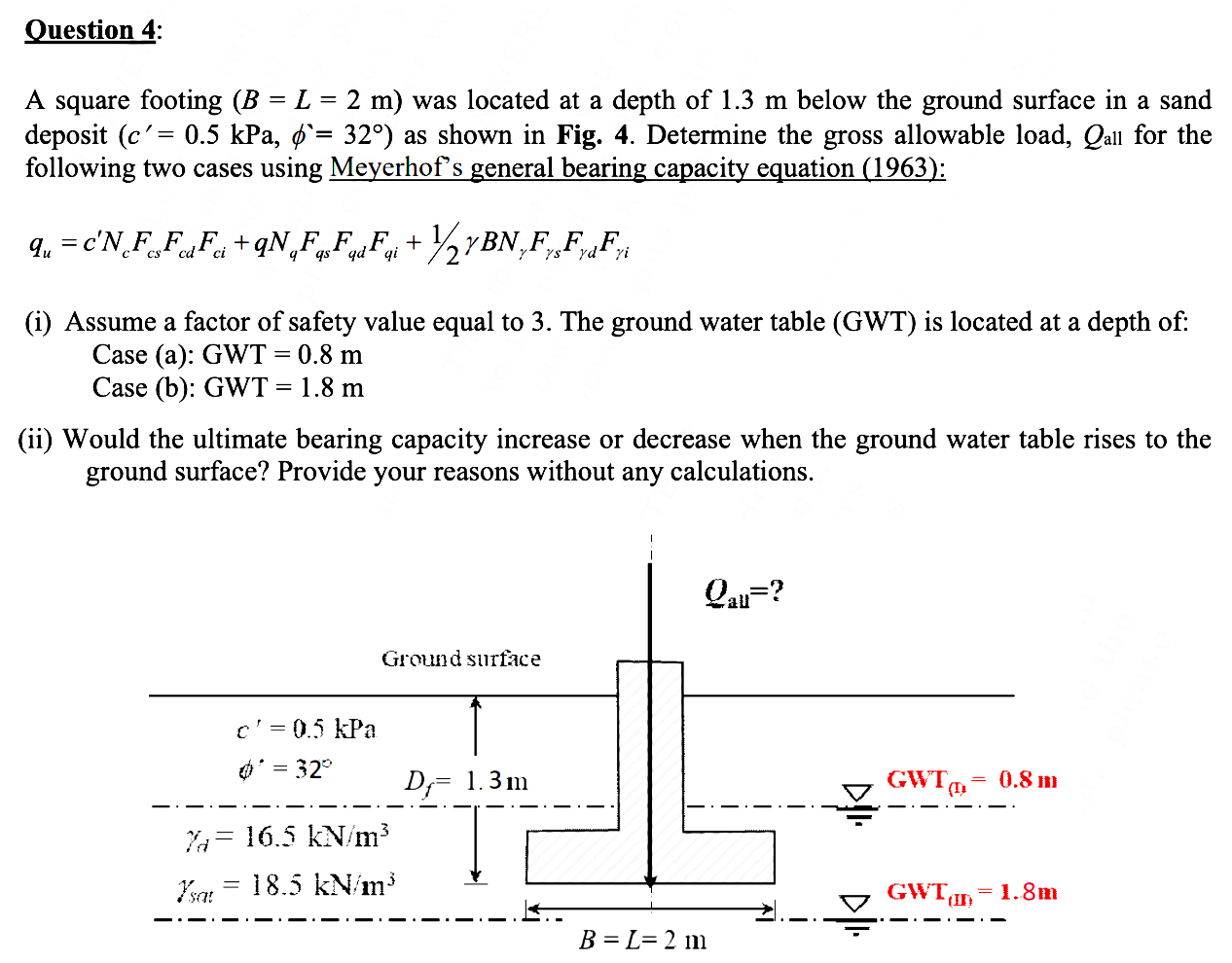 Ouestion 4 : A square footing ( B = L = 2 m ) was