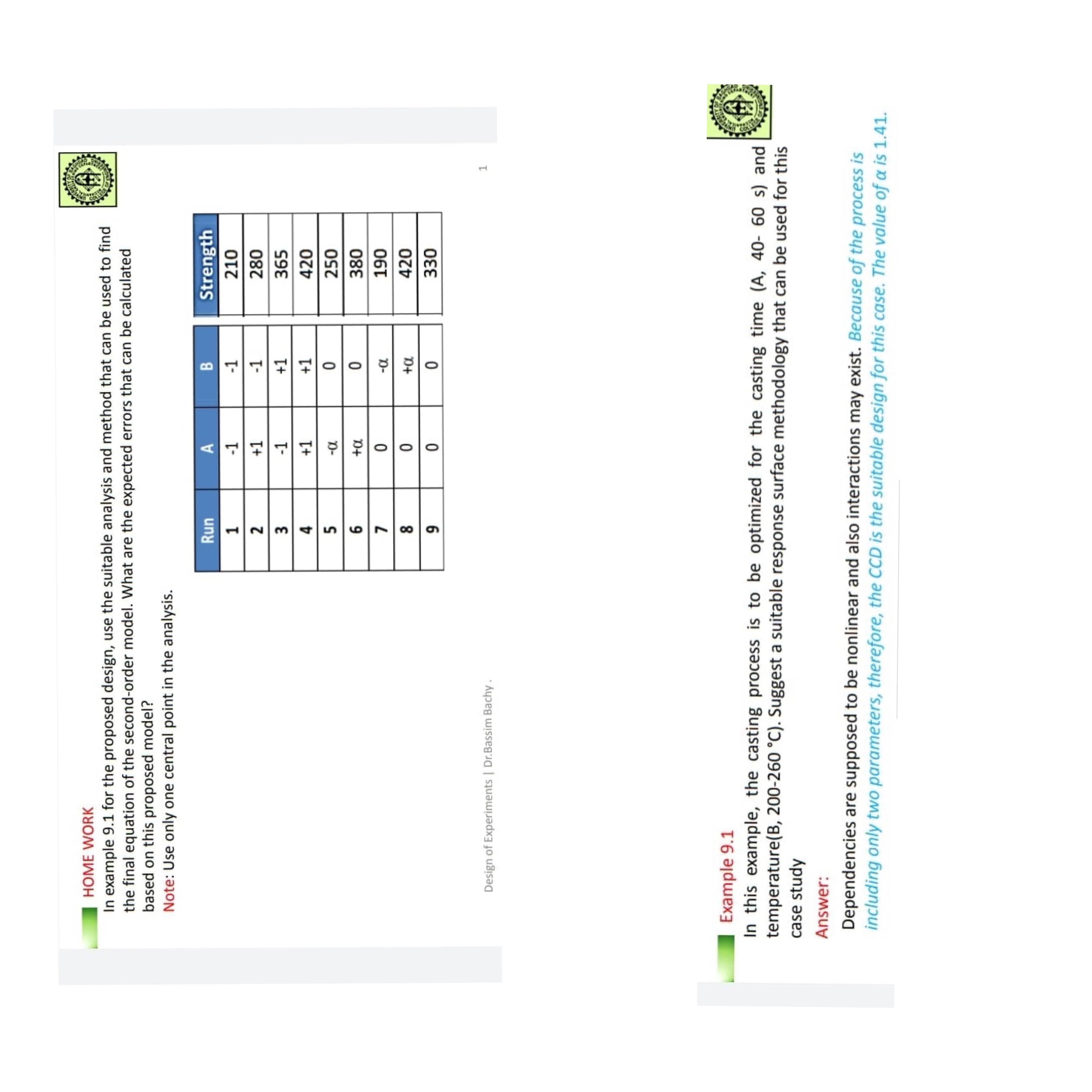 HOME WORK In example 9 . 1 for the proposed