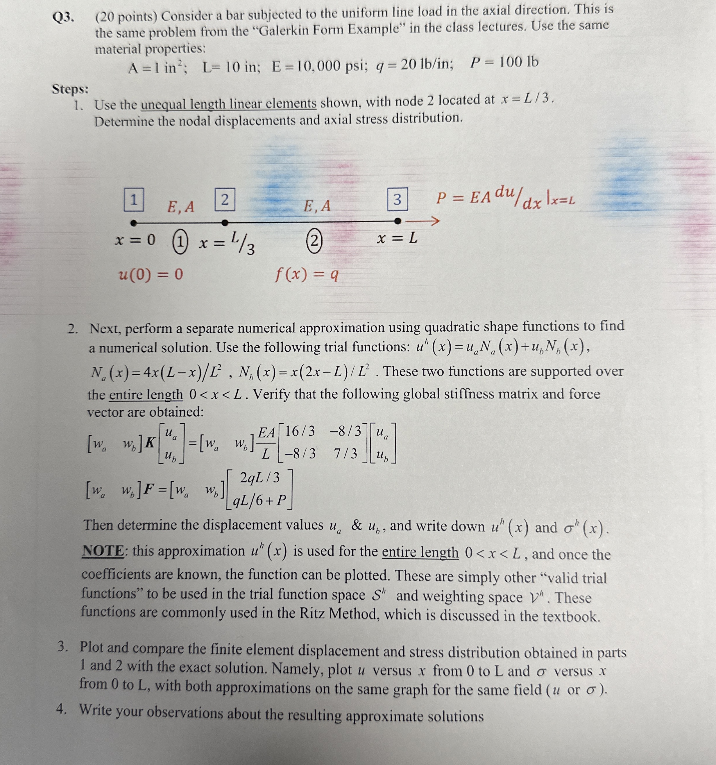 Q 3 . ( 2 0 points ) Consider a bar subjected to