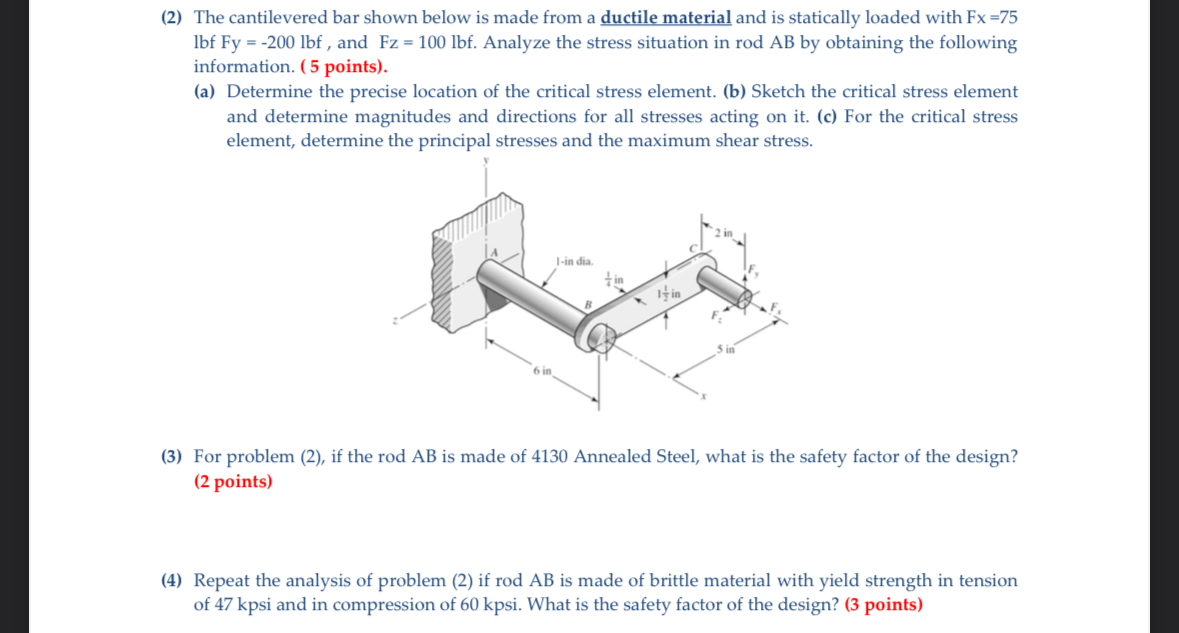 ( 2 ) The cantilevered bar shown below is made